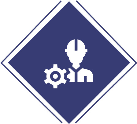 Engineer with gear icon in blue diamond.